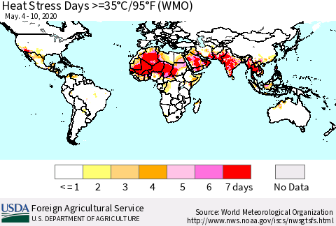 World Heat Stress Days >=35°C/95°F (WMO) Thematic Map For 5/4/2020 - 5/10/2020