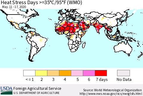 World Heat Stress Days >=35°C/95°F (WMO) Thematic Map For 5/11/2020 - 5/17/2020