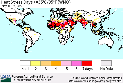 World Heat Stress Days >=35°C/95°F (WMO) Thematic Map For 5/18/2020 - 5/24/2020