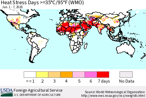 World Heat Stress Days >=35°C/95°F (WMO) Thematic Map For 6/1/2020 - 6/7/2020