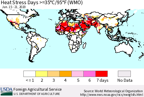 World Heat Stress Days >=35°C/95°F (WMO) Thematic Map For 6/15/2020 - 6/21/2020