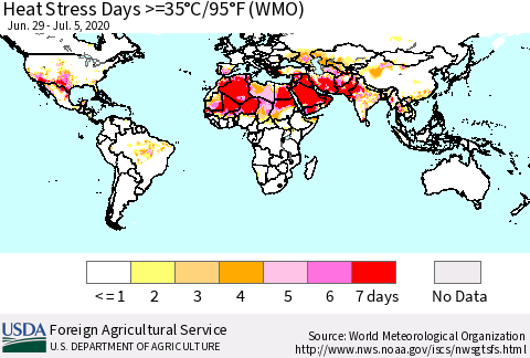 World Heat Stress Days >=35°C/95°F (WMO) Thematic Map For 6/29/2020 - 7/5/2020