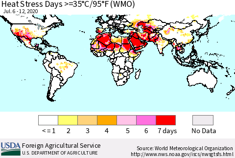 World Heat Stress Days >=35°C/95°F (WMO) Thematic Map For 7/6/2020 - 7/12/2020
