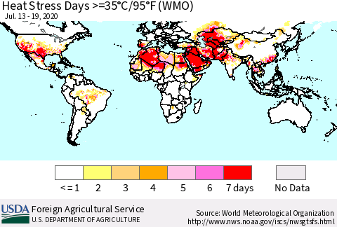 World Heat Stress Days >=35°C/95°F (WMO) Thematic Map For 7/13/2020 - 7/19/2020