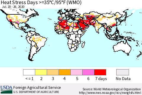 World Heat Stress Days >=35°C/95°F (WMO) Thematic Map For 7/20/2020 - 7/26/2020