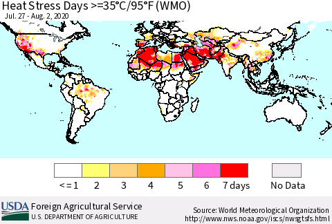 World Heat Stress Days >=35°C/95°F (WMO) Thematic Map For 7/27/2020 - 8/2/2020