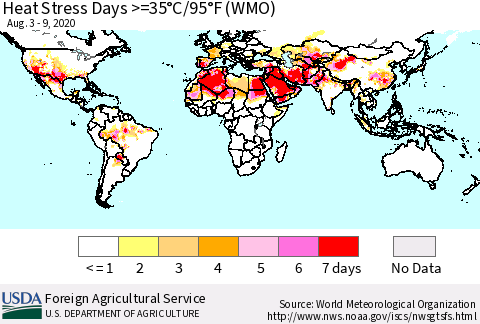 World Heat Stress Days >=35°C/95°F (WMO) Thematic Map For 8/3/2020 - 8/9/2020