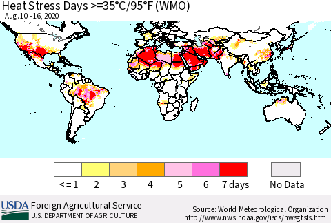 World Heat Stress Days >=35°C/95°F (WMO) Thematic Map For 8/10/2020 - 8/16/2020