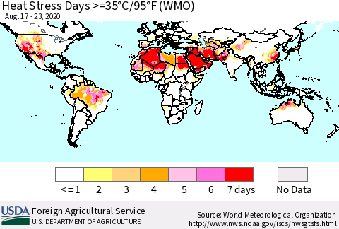 World Heat Stress Days >=35°C/95°F (WMO) Thematic Map For 8/17/2020 - 8/23/2020