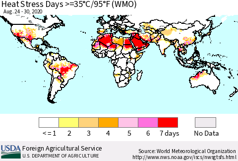 World Heat Stress Days >=35°C/95°F (WMO) Thematic Map For 8/24/2020 - 8/30/2020