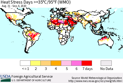 World Heat Stress Days >=35°C/95°F (WMO) Thematic Map For 8/31/2020 - 9/6/2020