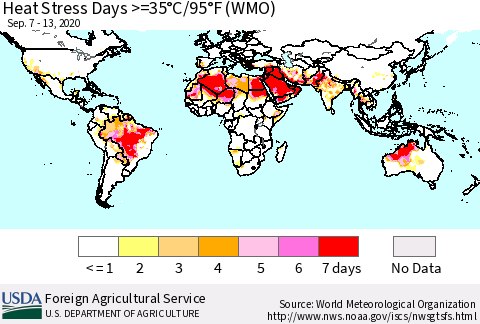 World Heat Stress Days >=35°C/95°F (WMO) Thematic Map For 9/7/2020 - 9/13/2020