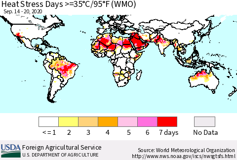 World Heat Stress Days >=35°C/95°F (WMO) Thematic Map For 9/14/2020 - 9/20/2020