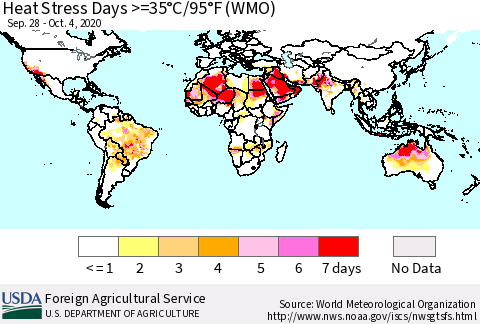 World Heat Stress Days >=35°C/95°F (WMO) Thematic Map For 9/28/2020 - 10/4/2020
