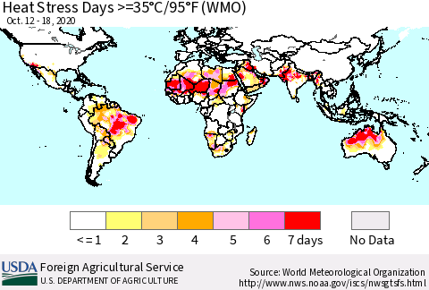 World Heat Stress Days >=35°C/95°F (WMO) Thematic Map For 10/12/2020 - 10/18/2020