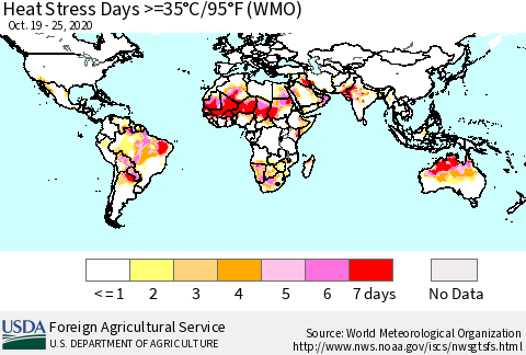 World Heat Stress Days >=35°C/95°F (WMO) Thematic Map For 10/19/2020 - 10/25/2020