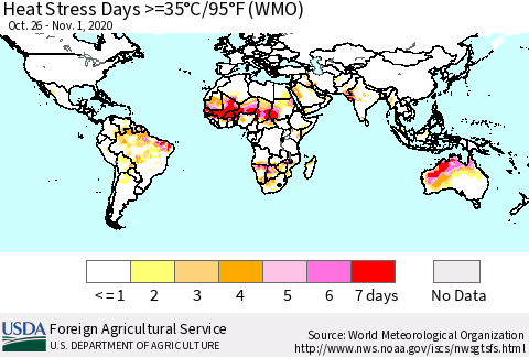 World Heat Stress Days >=35°C/95°F (WMO) Thematic Map For 10/26/2020 - 11/1/2020