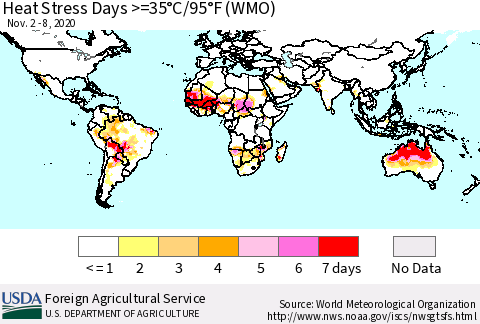 World Heat Stress Days >=35°C/95°F (WMO) Thematic Map For 11/2/2020 - 11/8/2020
