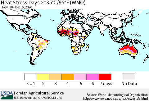World Heat Stress Days >=35°C/95°F (WMO) Thematic Map For 11/30/2020 - 12/6/2020
