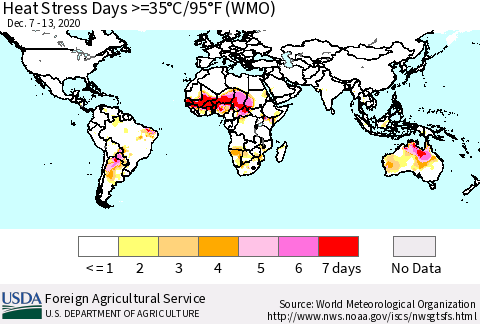 World Heat Stress Days >=35°C/95°F (WMO) Thematic Map For 12/7/2020 - 12/13/2020