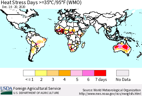 World Heat Stress Days >=35°C/95°F (WMO) Thematic Map For 12/14/2020 - 12/20/2020
