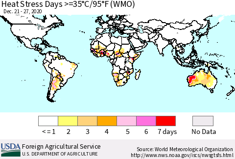 World Heat Stress Days >=35°C/95°F (WMO) Thematic Map For 12/21/2020 - 12/27/2020