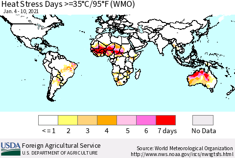 World Heat Stress Days >=35°C/95°F (WMO) Thematic Map For 1/4/2021 - 1/10/2021