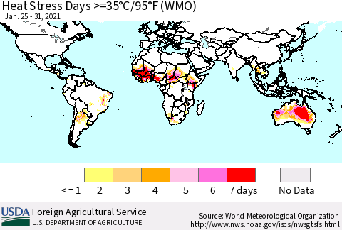 World Heat Stress Days >=35°C/95°F (WMO) Thematic Map For 1/25/2021 - 1/31/2021