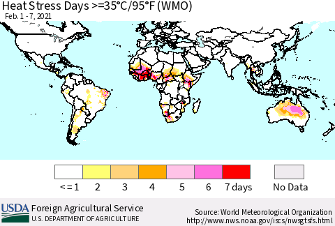 World Heat Stress Days >=35°C/95°F (WMO) Thematic Map For 2/1/2021 - 2/7/2021
