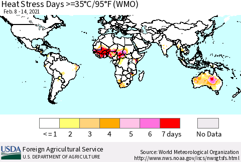World Heat Stress Days >=35°C/95°F (WMO) Thematic Map For 2/8/2021 - 2/14/2021