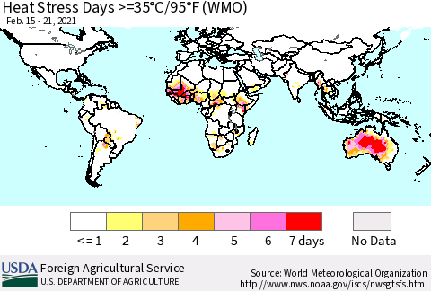 World Heat Stress Days >=35°C/95°F (WMO) Thematic Map For 2/15/2021 - 2/21/2021