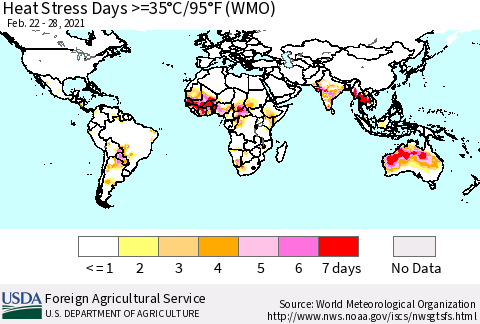 World Heat Stress Days >=35°C/95°F (WMO) Thematic Map For 2/22/2021 - 2/28/2021