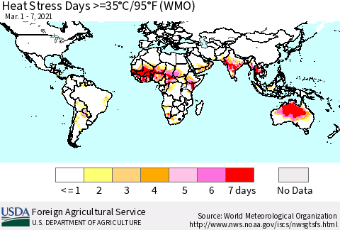 World Heat Stress Days >=35°C/95°F (WMO) Thematic Map For 3/1/2021 - 3/7/2021
