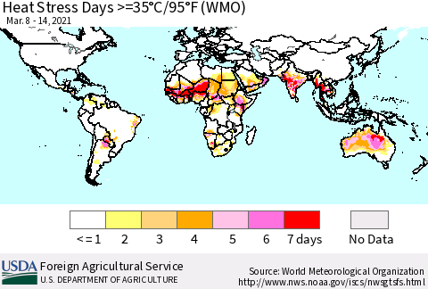 World Heat Stress Days >=35°C/95°F (WMO) Thematic Map For 3/8/2021 - 3/14/2021