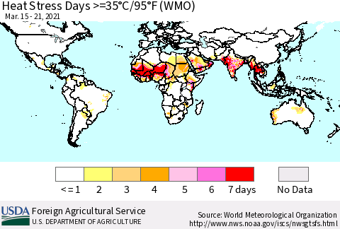World Heat Stress Days >=35°C/95°F (WMO) Thematic Map For 3/15/2021 - 3/21/2021