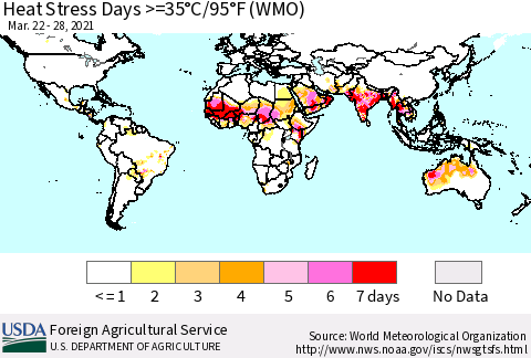 World Heat Stress Days >=35°C/95°F (WMO) Thematic Map For 3/22/2021 - 3/28/2021