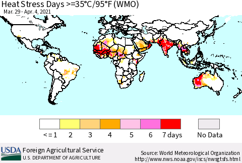 World Heat Stress Days >=35°C/95°F (WMO) Thematic Map For 3/29/2021 - 4/4/2021