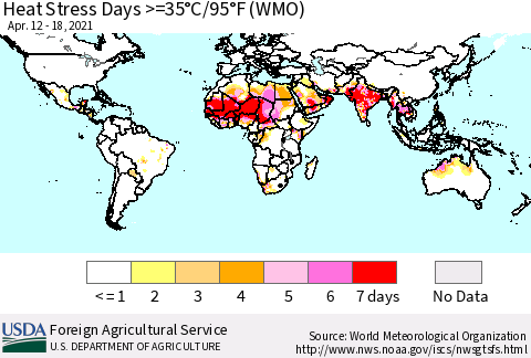 World Heat Stress Days >=35°C/95°F (WMO) Thematic Map For 4/12/2021 - 4/18/2021