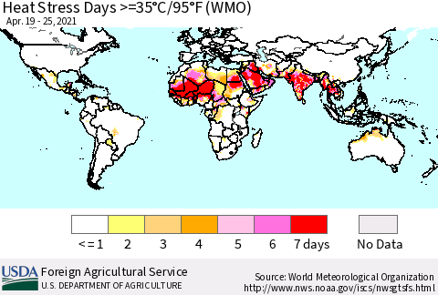 World Heat Stress Days >=35°C/95°F (WMO) Thematic Map For 4/19/2021 - 4/25/2021