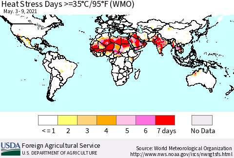 World Heat Stress Days >=35°C/95°F (WMO) Thematic Map For 5/3/2021 - 5/9/2021