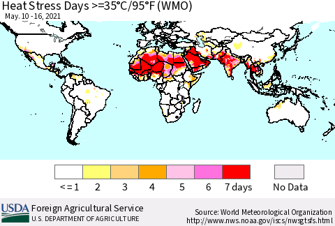 World Heat Stress Days >=35°C/95°F (WMO) Thematic Map For 5/10/2021 - 5/16/2021