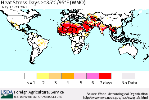 World Heat Stress Days >=35°C/95°F (WMO) Thematic Map For 5/17/2021 - 5/23/2021