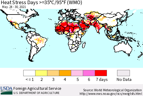World Heat Stress Days >=35°C/95°F (WMO) Thematic Map For 5/24/2021 - 5/30/2021