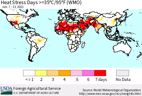 World Heat Stress Days >=35°C/95°F (WMO) Thematic Map For 6/7/2021 - 6/13/2021