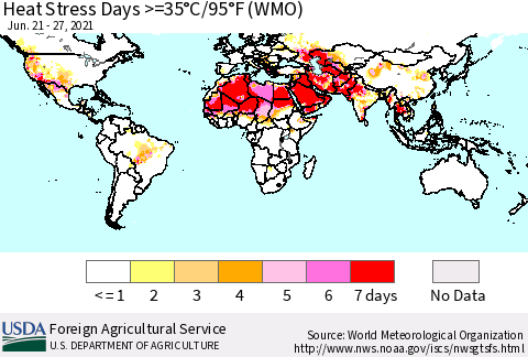 World Heat Stress Days >=35°C/95°F (WMO) Thematic Map For 6/21/2021 - 6/27/2021