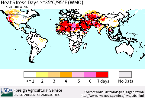 World Heat Stress Days >=35°C/95°F (WMO) Thematic Map For 6/28/2021 - 7/4/2021