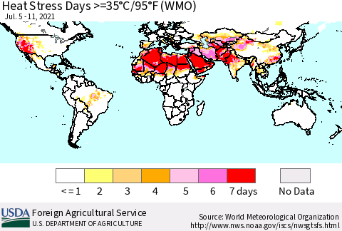 World Heat Stress Days >=35°C/95°F (WMO) Thematic Map For 7/5/2021 - 7/11/2021