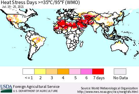 World Heat Stress Days >=35°C/95°F (WMO) Thematic Map For 7/19/2021 - 7/25/2021