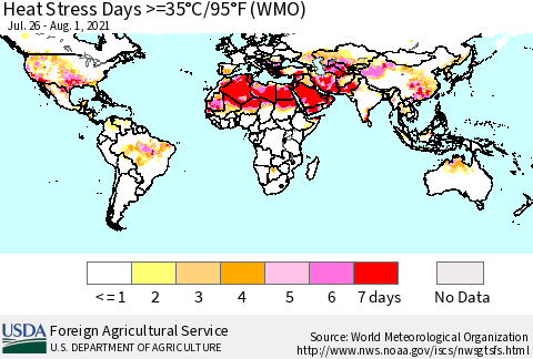 World Heat Stress Days >=35°C/95°F (WMO) Thematic Map For 7/26/2021 - 8/1/2021