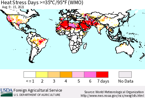 World Heat Stress Days >=35°C/95°F (WMO) Thematic Map For 8/9/2021 - 8/15/2021